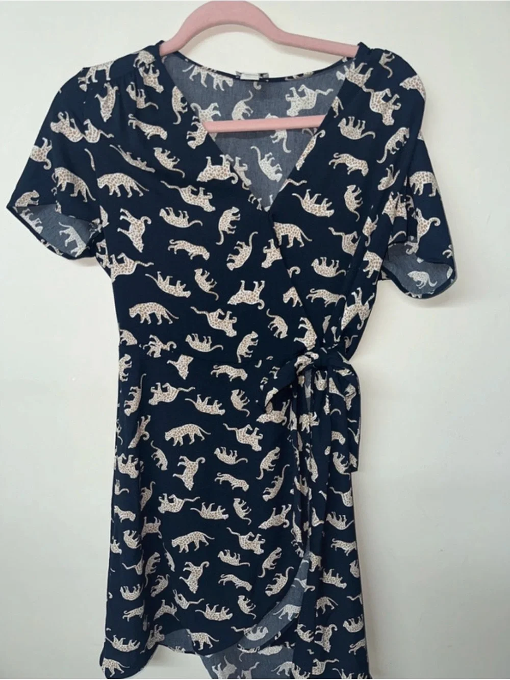 J. Crew Navy Wrap Midi Dress with Cream Leopard Print